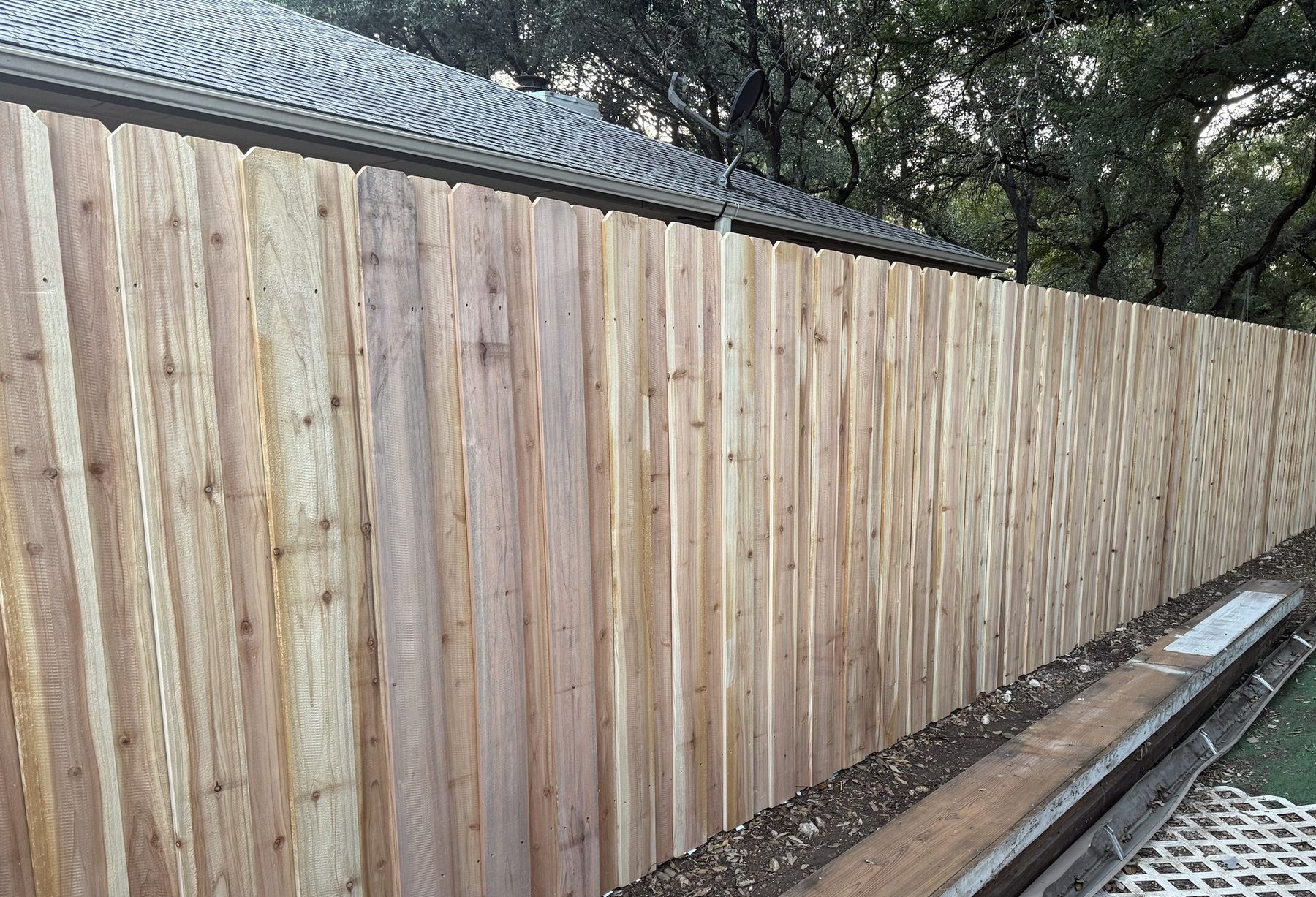 Cedar privacy fence installed under live oaks in Austin, TX
