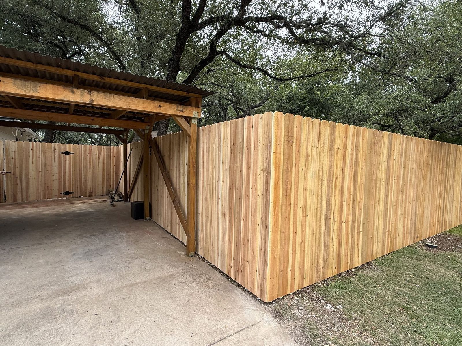 New cedar privacy fence running alongside a carport under live oaks in Austin, TX