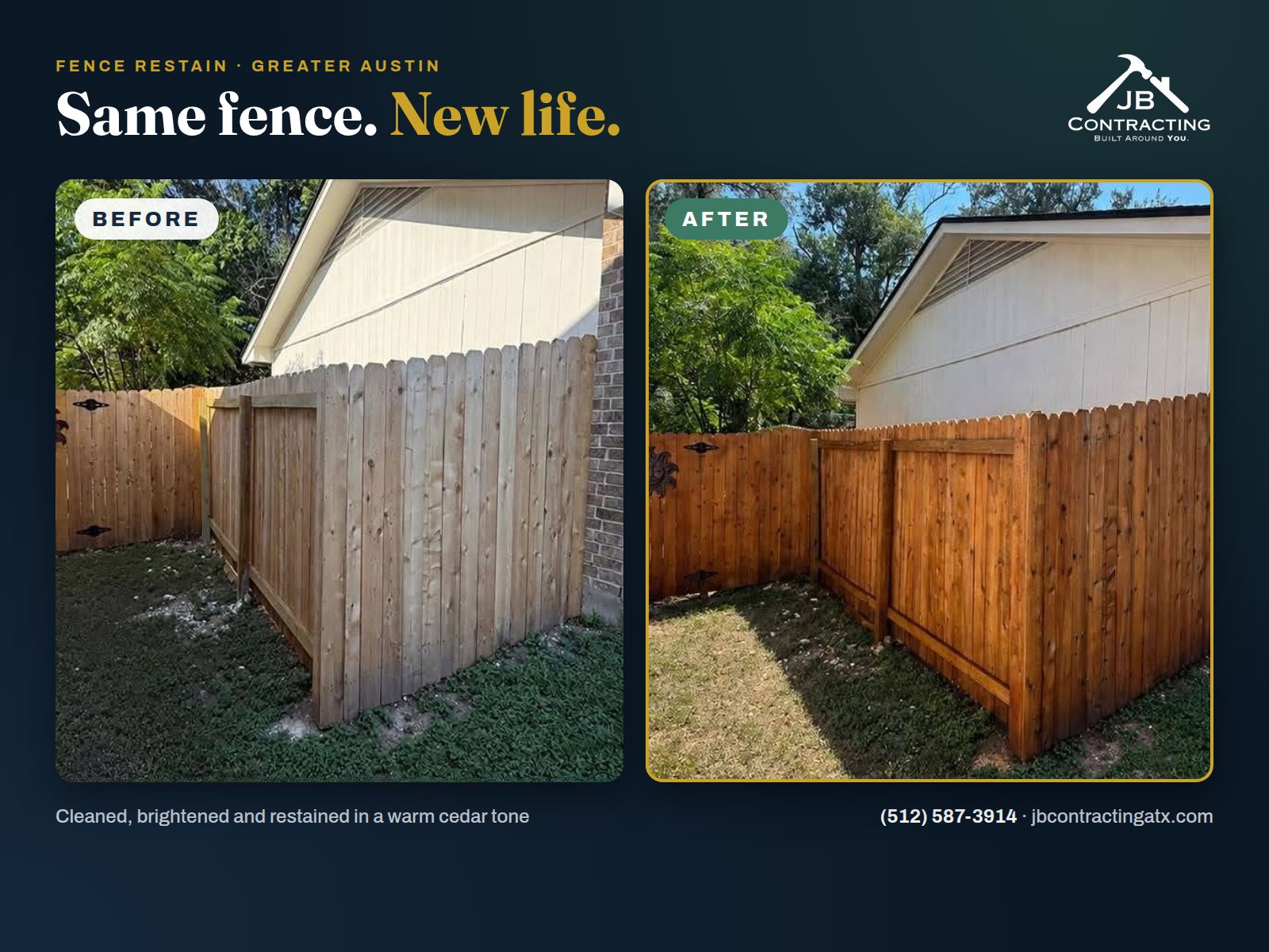 Before and after of a weathered cedar privacy fence cleaned and restained a warm cedar tone in Austin, TX