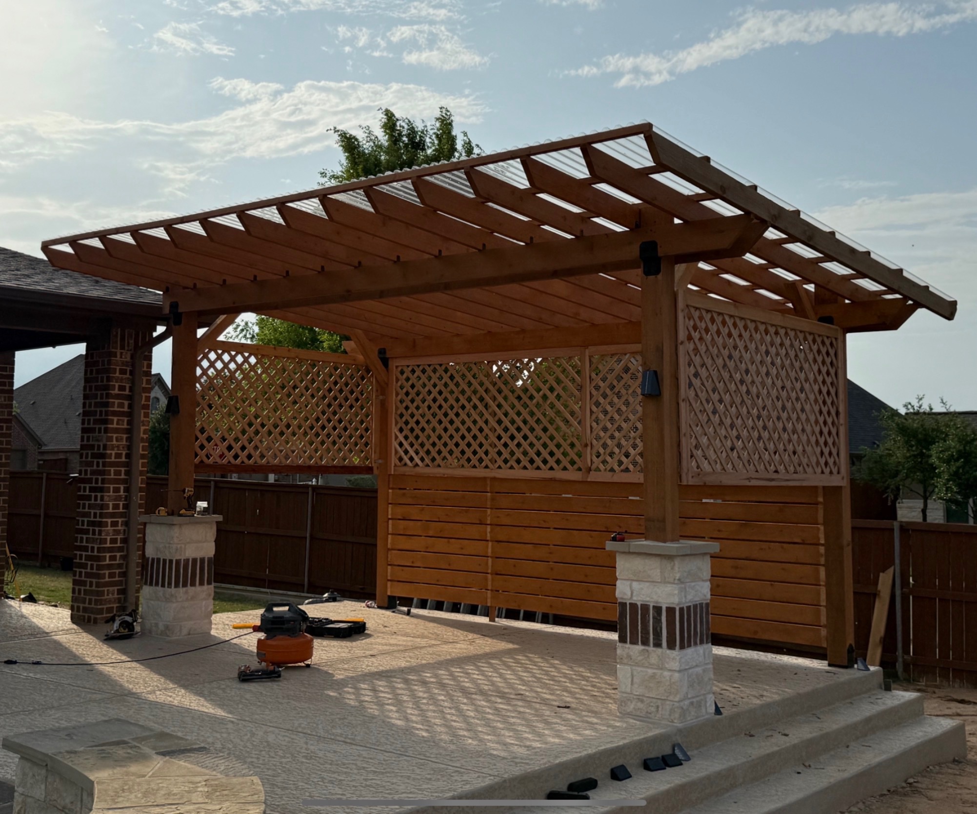 Stained cedar pergola built for a Manchaca, TX home in south Austin.